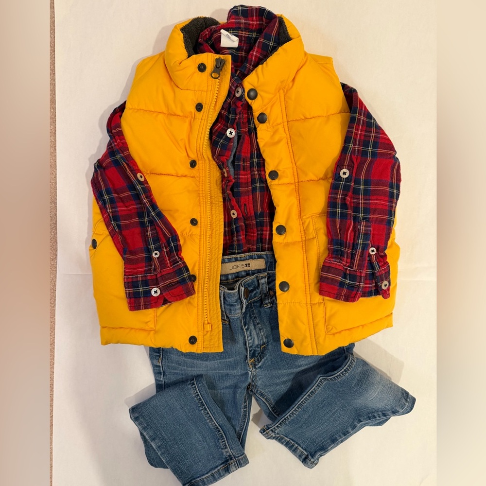 Boys GAP Bright Yellow Puffer Vest, tartan top and Joes Jeans
